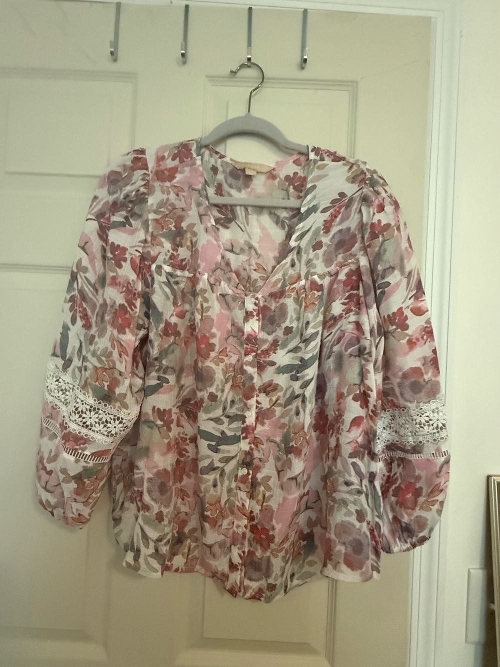 Floral Lace-Trim Puff Sleeve Blouse - Pink Multi